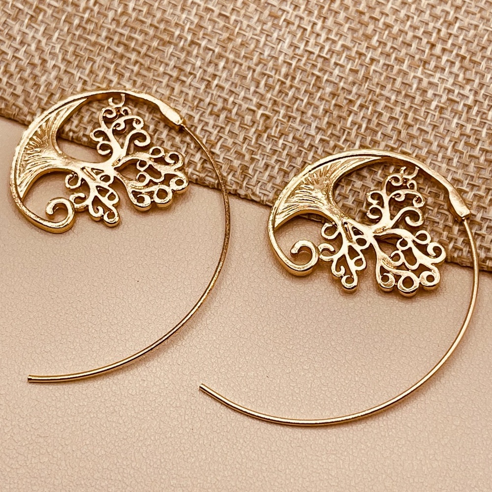 Elegant Vintage Bohemian Gold Tree of Life Spiral Hoop Earrings